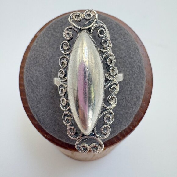 VTG Silver Tone Marquise Scroll Border Statement Ring Size 6 - Picture 1 of 12